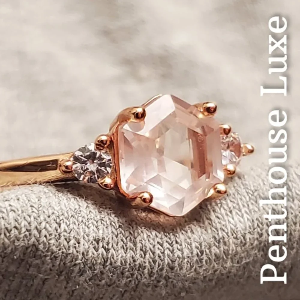 REAL Rose Quartz Hexagon Rose Gold 925 Ring